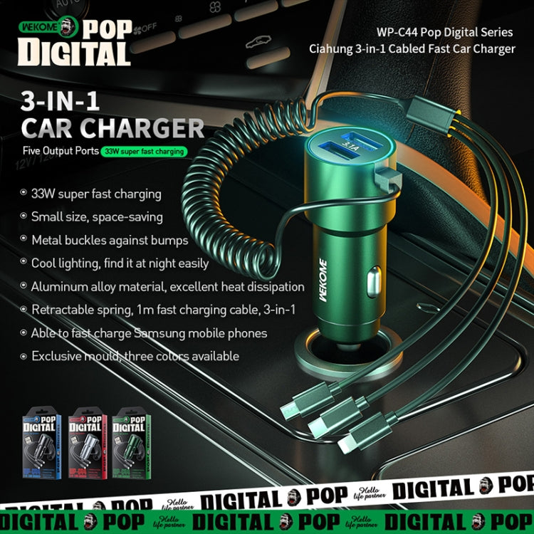 WK WP-C44 Pop Digital Series Ciahung 3-in-1 Cabled 33W Dual-USB Fast Car Charger (Silver) - Car Charger by WK | Online Shopping South Africa | PMC Jewellery | Buy Now Pay Later Mobicred