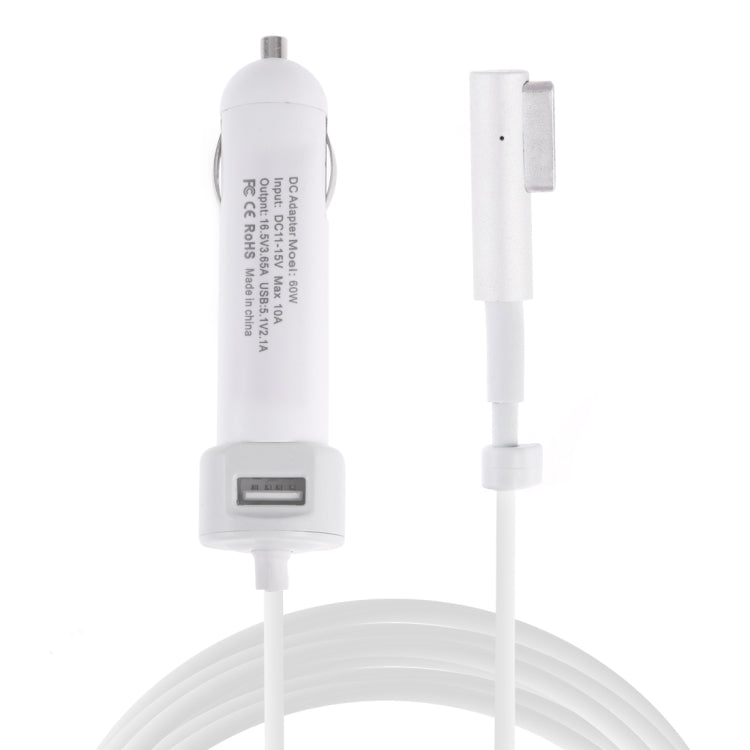 60W 5.1V 2.1A USB Interface Car Charger with 16.5V 3.65A L MagSafe Interface Data Cable(White) - Car Charger by PMC TechLife | Online Shopping South Africa | PMC TechLife