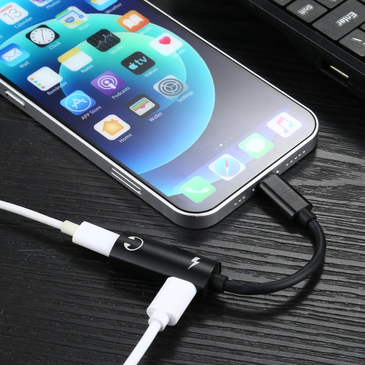 2 in 1 8 Pin Male to Dual 8 Pin Female Charging and Listening to Music Audio Earphone Adapter, Compatible with All IOS Systems(Black) - Earphone Adapter by PMC Jewellery | Online Shopping South Africa | PMC Jewellery