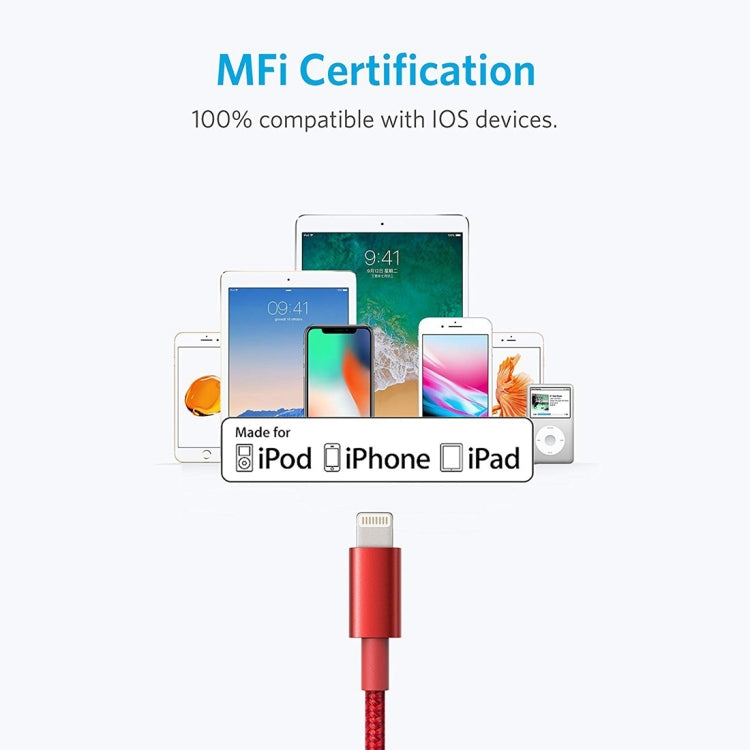 ANKER USB to 8 Pin Apple MFI Certificated Nylon Weaving Charging Data Cable, Length: 1m(Red) - MFI Cable by ANKER | Online Shopping South Africa | PMC Jewellery