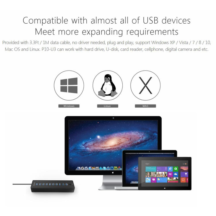 ORICO P10-U3-V1 10 USB 3.0 Ports HUB, Specification: EU Plug - free shipping - PMC TechLife - Order now!