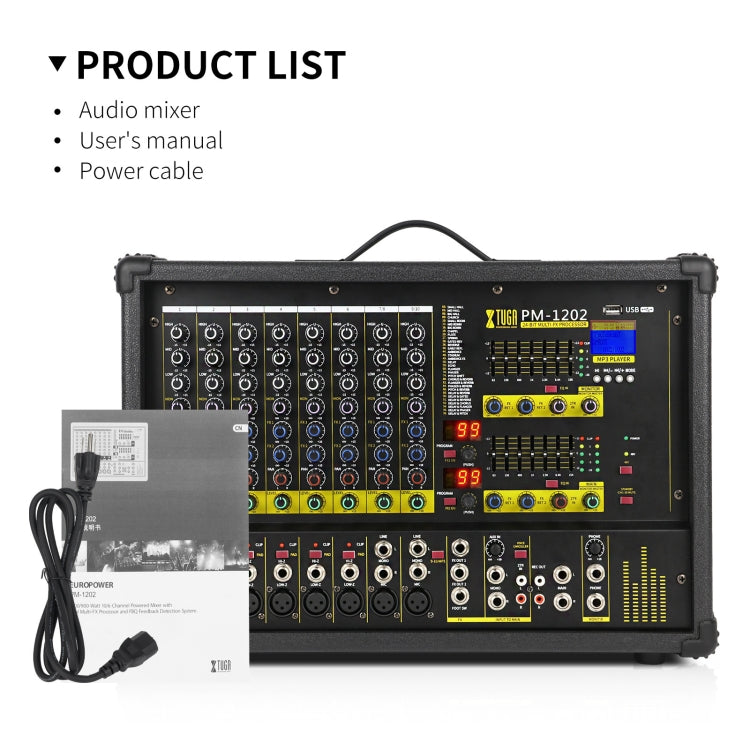 XTUGA PM1202 900W 10 Channel Stage Power Mixer 24Bit Multil-FX Processor Dual 99 DSP Effect DJ Amplifier (EU Plug) - Live Sound Effects Processors by XTUGA | Online Shopping South Africa | PMC Jewellery