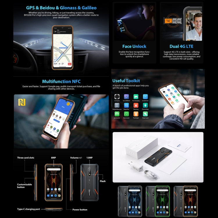 [HK Warehouse] Blackview BV5200 Pro Rugged Phone, 4GB+64GB, IP68/IP69K/MIL-STD-810H, Face Unlock, 5180mAh Battery, 6.1 inch Android 12 MTK6765 Helio G35 Octa Core up to 2.3GHz, Network: 4G, NFC, OTG, Dual SIM(Orange) - Blackview by Blackview | Online Shopping South Africa | PMC Jewellery