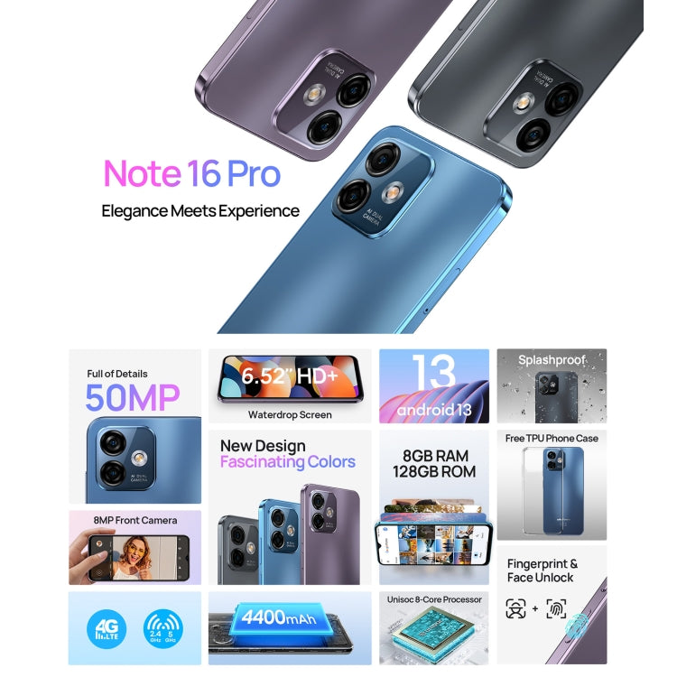 [HK Warehouse] Ulefone Note 16 Pro, 8GB+128GB, Dual Back Cameras, Face ID & Side Fingerprint Identification, 4400mAh Battery, 6.52 inch Android 13 Unisoc T606 OctaCore up to 1.6GHz, Network: 4G, Dual SIM, OTG(Black) - Ulefone by Ulefone | Online Shopping South Africa | PMC Jewellery