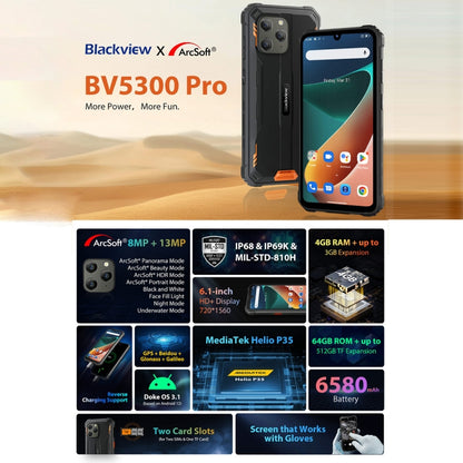[HK Warehouse] Blackview BV5300 Pro Rugged Phone, 4GB+64GB, IP68/IP69K/MIL-STD-810H, Face Unlock, 6580mAh Battery, 6.1 inch Android 12 MTK6765 Helio P35 Octa Core up to 2.3GHz, Network: 4G, OTG, NFC, Dual SIM(Green) - Blackview by Blackview | Online Shopping South Africa | PMC Jewellery