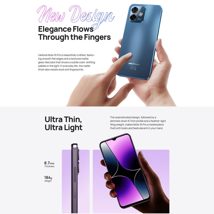 [HK Warehouse] Ulefone Note 16 Pro, 8GB+512GB, Dual Back Cameras, Face ID & Side Fingerprint Identification, 4400mAh Battery, 6.52 inch Android 13 Unisoc T606 Octa Core up to 1.6GHz, Network: 4G, Dual SIM, OTG (Blue) - Ulefone by PMC Jewellery | Online Shopping South Africa | PMC Jewellery