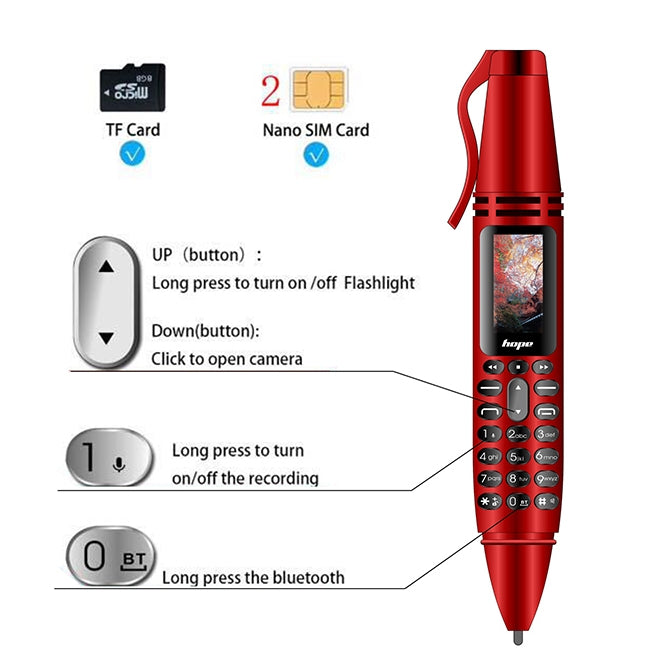 AK007 Mobile Phone, Multifunctional Remote Noise Reduction Back-clip Recording Pen with 0.96 inch Color Screen, Dual SIM Dual Standby, Support Bluetooth, GSM, LED Light, Handwriting(Black) - Others by PMC Jewellery | Online Shopping South Africa | PMC Jewellery