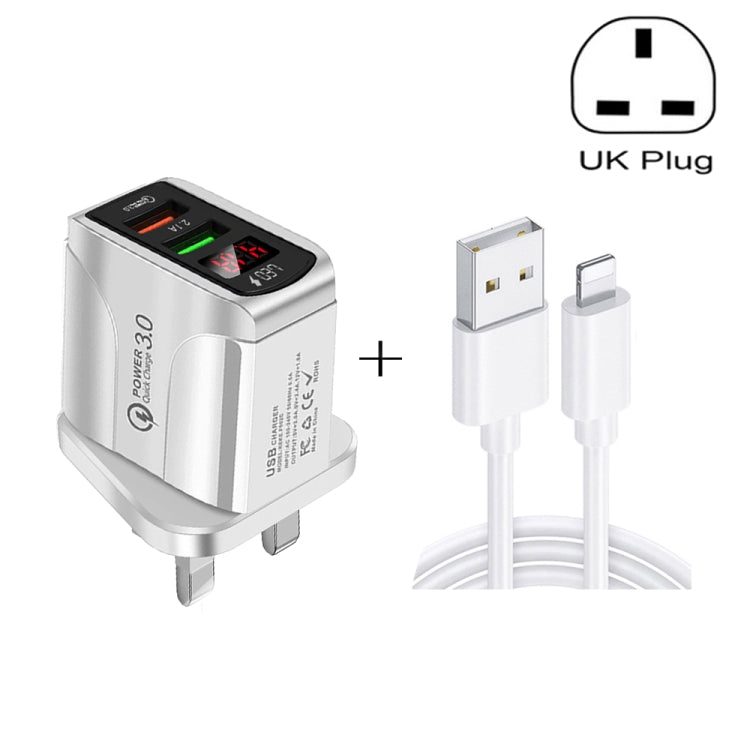 F002C QC3.0 USB + USB 2.0 LED Digital Display Fast Charger with USB to 8 Pin Data Cable, UK Plug(Black) - USB Charger by PMC Jewellery | Online Shopping South Africa | PMC Jewellery