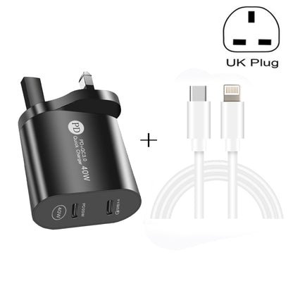 002 40W Dual Port PD / Type-C Fast Charger with USB-C to 8 Pin Data Cable, UK Plug(Black) - USB Charger by PMC Jewellery | Online Shopping South Africa | PMC Jewellery