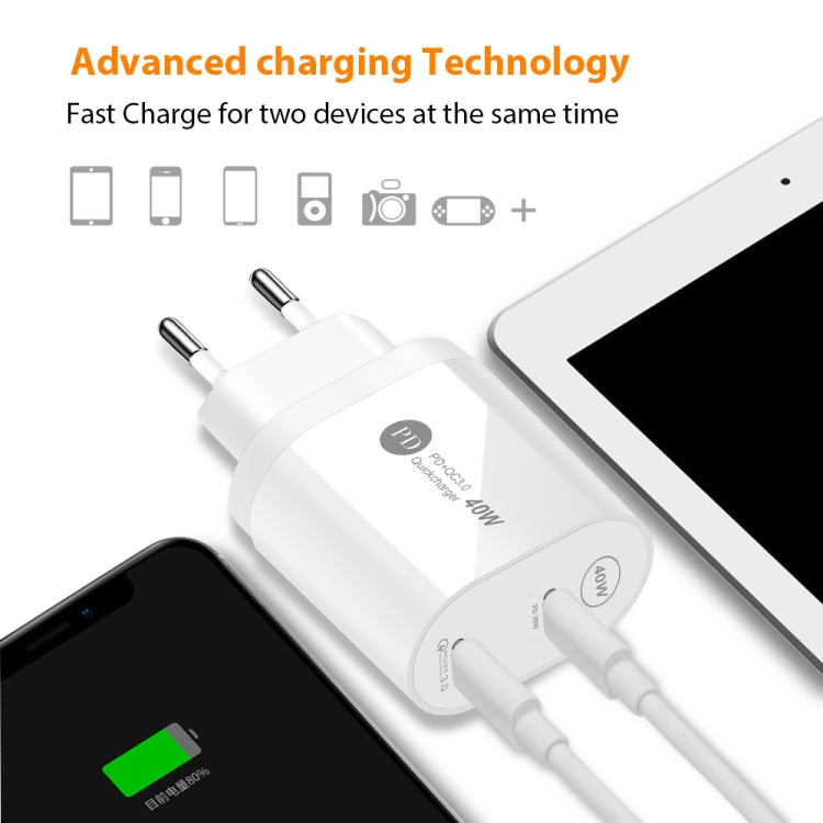 002 40W Dual Port PD / Type-C Fast Charger with USB-C to 8 Pin Data Cable, UK Plug(Black) - USB Charger by PMC Jewellery | Online Shopping South Africa | PMC Jewellery