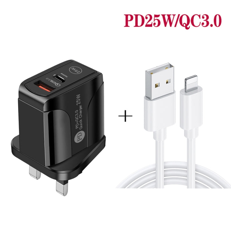 PD25W USB-C / Type-C + QC3.0 USB Dual Ports Fast Charger with USB to 8 Pin Data Cable, UK Plug(Black) - USB Charger by PMC Jewellery | Online Shopping South Africa | PMC Jewellery