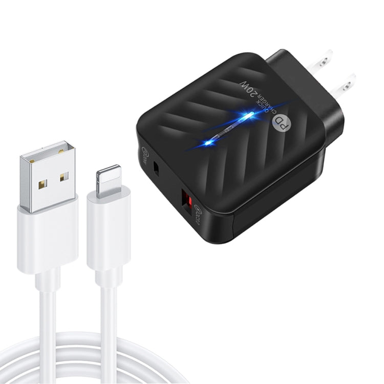 PD03 20W PD3.0 + QC3.0 USB Charger with USB to 8 Pin Data Cable, US Plug(Black) - USB Charger by PMC TechLife | Online Shopping South Africa | PMC TechLife | Buy Now Pay Later Mobicred