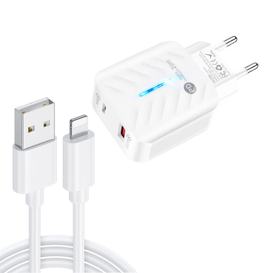 PD03 20W PD3.0 + QC3.0 USB Charger with USB to 8 Pin Data Cable, EU Plug(White) - USB Charger by PMC Jewellery | Online Shopping South Africa | PMC Jewellery | Buy Now Pay Later Mobicred