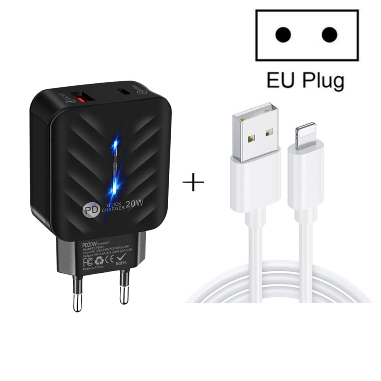 PD03 20W PD3.0 + QC3.0 USB Charger with USB to 8 Pin Data Cable, EU Plug(Black) - USB Charger by PMC TechLife | Online Shopping South Africa | PMC TechLife | Buy Now Pay Later Mobicred