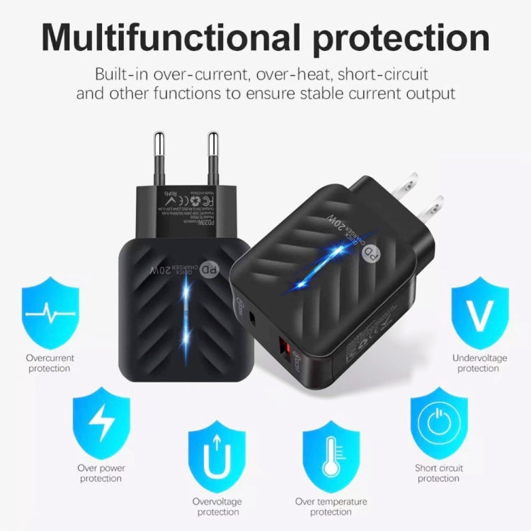 PD03 20W PD3.0 + QC3.0 USB Charger with USB to 8 Pin Data Cable, EU Plug(Black) - USB Charger by PMC TechLife | Online Shopping South Africa | PMC TechLife | Buy Now Pay Later Mobicred