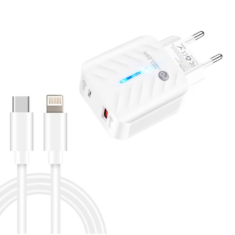 PD03 20W PD3.0 + QC3.0 USB Charger with Type-C to 8 Pin Data Cable, EU Plug(White) - USB Charger by PMC Jewellery | Online Shopping South Africa | PMC Jewellery