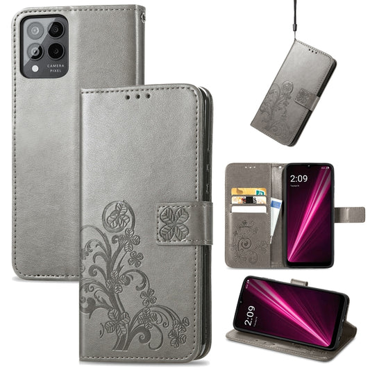 For T-Mobile Revvl 6 Pro 5G Four-leaf Clasp Embossed Buckle Leather Phone Case(Gray) - More Brand by PMC Jewellery | Online Shopping South Africa | PMC Jewellery