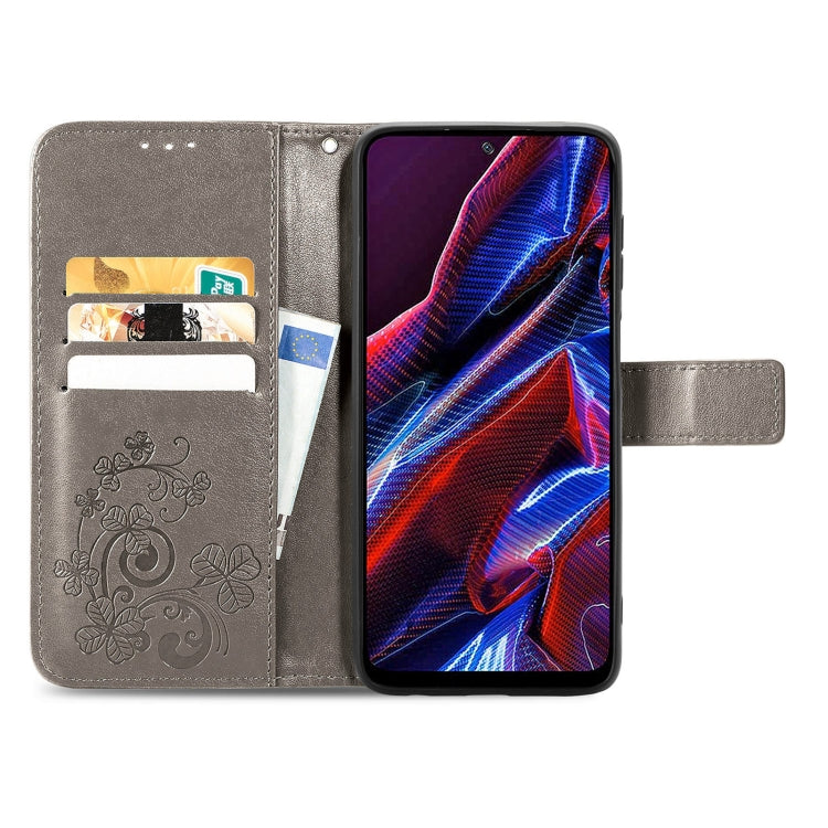 For Xiaomi Poco X5 Four-leaf Clasp Embossed Leather Phone Case(Gray) - free shipping - PMC TechLife - Order now!