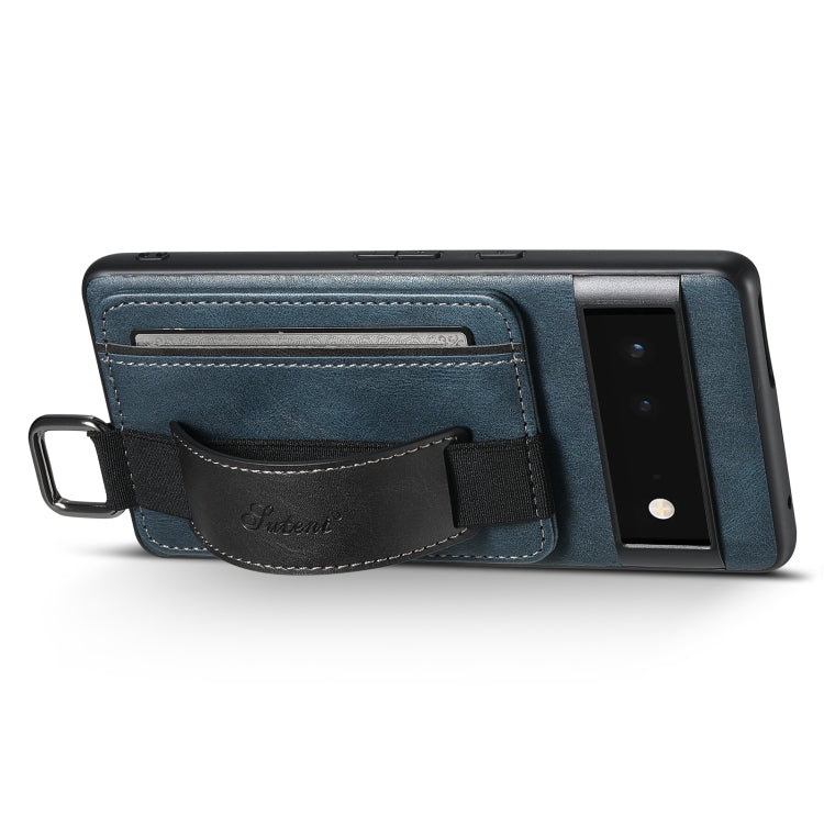 For Googel Pixel 6 Pro Suteni H13 Card Wallet Wrist Strap Holder PU Phone Case(Blue) - Google Cases by Suteni | Online Shopping South Africa | PMC Jewellery
