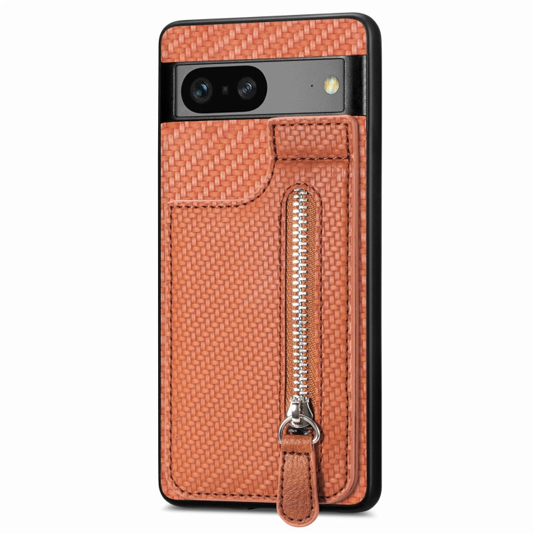 For Google Pixel 7A Carbon Fiber Vertical Flip Zipper Phone Case(Brown) - Google Cases by PMC Jewellery | Online Shopping South Africa | PMC Jewellery