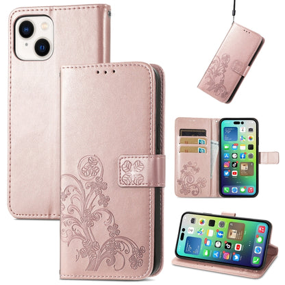 For iPhone 15 Four-leaf Clasp Embossed Buckle Leather Phone Case(Rose Gold) - iPhone 15 Cases by PMC Jewellery | Online Shopping South Africa | PMC Jewellery