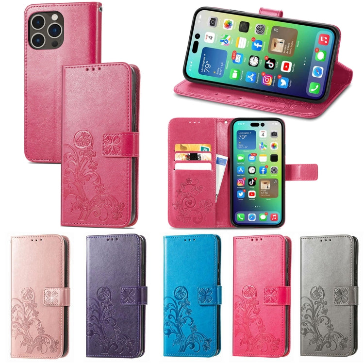 For iPhone 15 Four-leaf Clasp Embossed Buckle Leather Phone Case(Magengta) - iPhone 15 Cases by PMC Jewellery | Online Shopping South Africa | PMC Jewellery