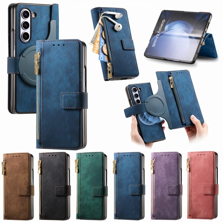 For Samsung Galaxy Z Fold4 Retro MagSafe Magnetic Zipper Wallet Leather Phone Case(Blue) - Galaxy Z Fold4 5G Cases by PMC Jewellery | Online Shopping South Africa | PMC Jewellery