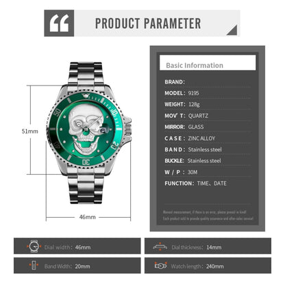 SKMEI 9195 Fashion Water-inlaid Drill Skull Nightlight Waterproof Quartz Watch Steel Strip Watch for Men(Silver Black) - Other Watches by SKMEI | Online Shopping South Africa | PMC Jewellery | Buy Now Pay Later Mobicred