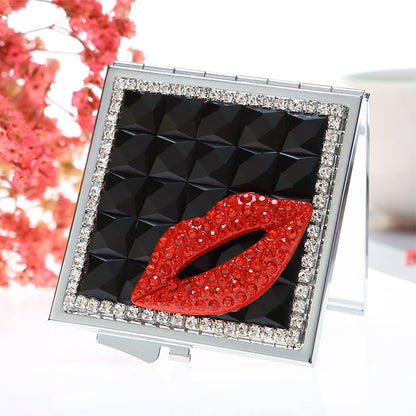 Handmade Diamond Mini Makeup Mirror Portable Double-sided Small Mirror Ruby Red Lips(Black) - Mirror by PMC Jewellery | Online Shopping South Africa | PMC Jewellery