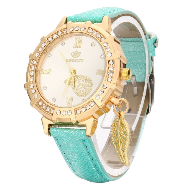 Dial Plated Diamond PU Leather Belt Watch with Leaf Pendant(Green) - Leather Strap Watches by PMC Jewellery | Online Shopping South Africa | PMC Jewellery