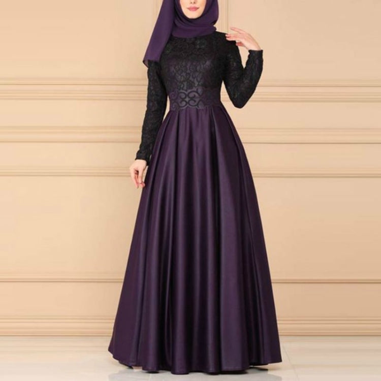 Lace Stitching Retro Large Swing Dress Ethnic Style Long-Sleeved Slim Dress, Size:XXL(Purple) - Dress by PMC Jewellery | Online Shopping South Africa | PMC Jewellery