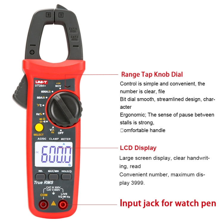 UNI-T  UT204+ 600A  Digital Clamp Meter AC DC Voltage Detector - Digital Multimeter by UNI-T | Online Shopping South Africa | PMC Jewellery | Buy Now Pay Later Mobicred