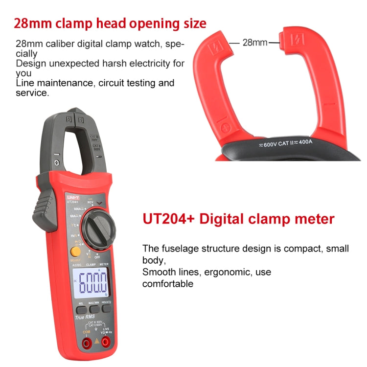 UNI-T  UT204+ 600A  Digital Clamp Meter AC DC Voltage Detector - Digital Multimeter by UNI-T | Online Shopping South Africa | PMC Jewellery | Buy Now Pay Later Mobicred