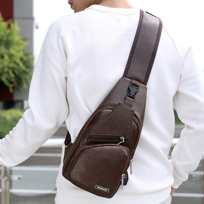 Waterproof Leisure PU Leather Single Shoulder Bag Men Chest Bag with USB Charging Port and Headphone Hole(Dark Brown) - Crossbody Bags by PMC Jewellery | Online Shopping South Africa | PMC Jewellery