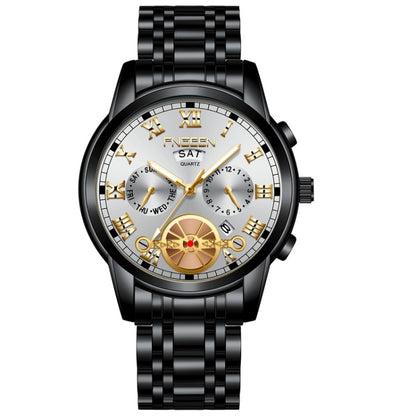 FNGEEN 4001 Men Watch Multi-Function Quartz Watch, Colour: Black Steel White Surface Gold Nails - Alloy Watches by FNGEEN | Online Shopping South Africa | PMC Jewellery | Buy Now Pay Later Mobicred