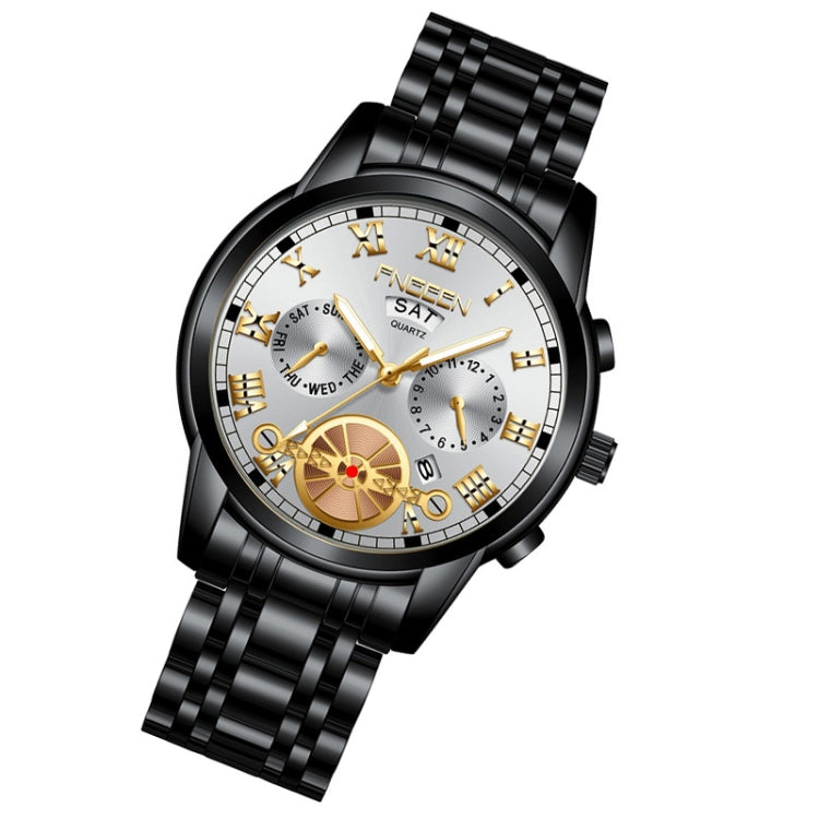 FNGEEN 4001 Men Watch Multi-Function Quartz Watch, Colour: Black Steel White Surface Gold Nails - Alloy Watches by FNGEEN | Online Shopping South Africa | PMC Jewellery | Buy Now Pay Later Mobicred