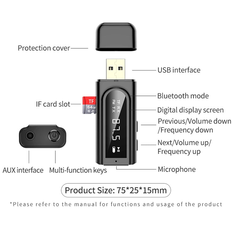 K9 USB Car Bluetooth 5.0 Adapter Receiver FM + AUX Audio Dual Output Stereo Transmitter (Black) - free shipping - PMC TechLife - Order now!