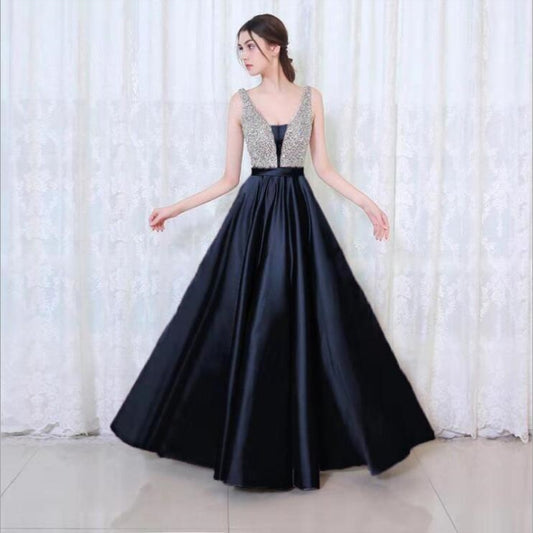 V-neck Sequin Dress Banquet Annual Evening Dress, Size:XXXL(Dark blue) - Evening Dress by PMC Jewellery | Online Shopping South Africa | PMC Jewellery