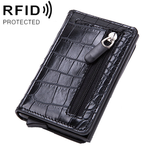 Automatic Cartridge Male Ladies Stainless Steel Credit Card Package RFID Business Card Box(Crocodile Grain Black) - Antimagnetic RFID Package by PMC Jewellery | Online Shopping South Africa | PMC Jewellery