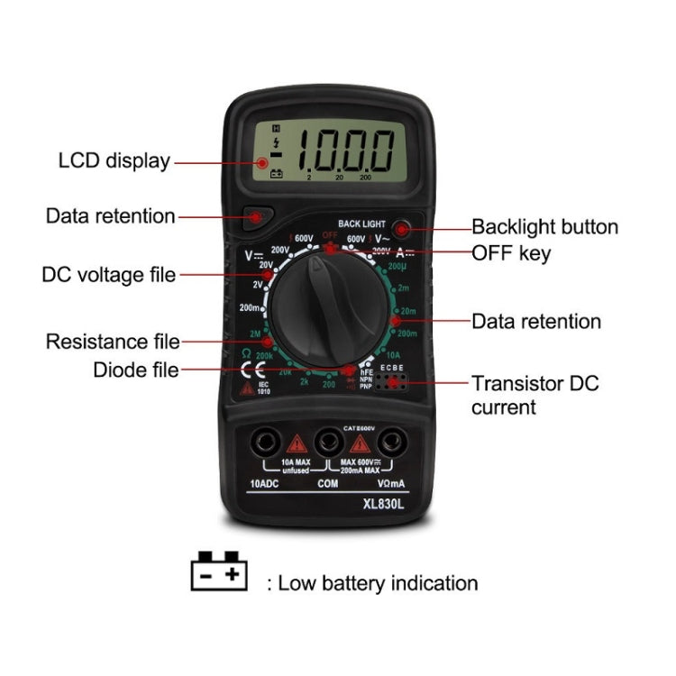 ANENG XL830L Multi-Function Digital Display High-Precision Digital Multimeter, Specification: Standard+10A Extra Tip Pen(Red) - Digital Multimeter by ANENG | Online Shopping South Africa | PMC Jewellery | Buy Now Pay Later Mobicred