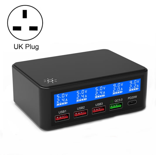 618 QC3.0 + PD20W + 3 x USB Ports Charger with Smart LCD Display, UK Plug  (Black) - Multifunction Charger by PMC Jewellery | Online Shopping South Africa | PMC Jewellery