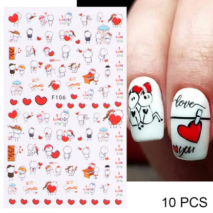 10 PCS Cartoon Heart Letters Comic Character Nail Art Sticker 3D Adhesive Nail Stickers(F106) - Nail Stickers by PMC Jewellery | Online Shopping South Africa | PMC Jewellery