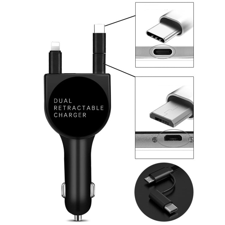 3 In 1 3.1A Dual USB Single Pull Retractable Fast QC3.0 Car Charger(Black) - Car Charger by PMC Jewellery | Online Shopping South Africa | PMC Jewellery