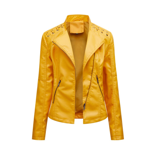 Women Short Leather Jacket Slim Jacket Motorcycle Suit, Size: S(Lemon Yellow) - Jacket & Loose Coat by PMC Jewellery | Online Shopping South Africa | PMC Jewellery