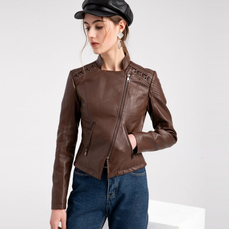 Women Short Leather Jacket Slim Jacket Motorcycle Suit, Size: XL(Coffee) - Jacket & Loose Coat by PMC Jewellery | Online Shopping South Africa | PMC Jewellery