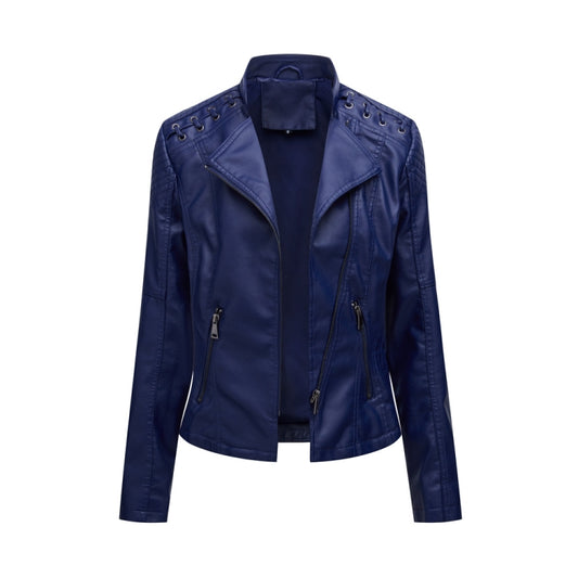Women Short Leather Jacket Slim Jacket Motorcycle Suit, Size: L(Navy) - Jacket & Loose Coat by PMC Jewellery | Online Shopping South Africa | PMC Jewellery