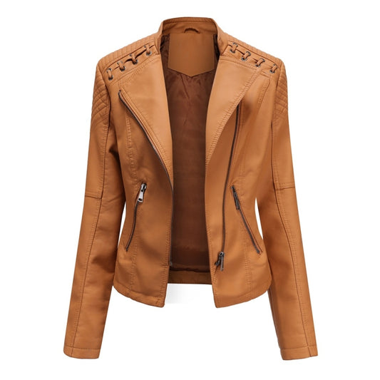 Women Short Leather Jacket Slim Jacket Motorcycle Suit, Size: XXXXL(Camel) - Jacket & Loose Coat by PMC Jewellery | Online Shopping South Africa | PMC Jewellery