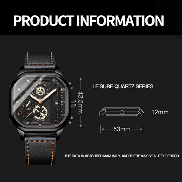 BINBOND B6577 30M Waterproof Luminous Square Quartz Watch, Color: Black Leather-Black-Rose Gold - Leather Strap Watches by BINBOND | Online Shopping South Africa | PMC Jewellery | Buy Now Pay Later Mobicred