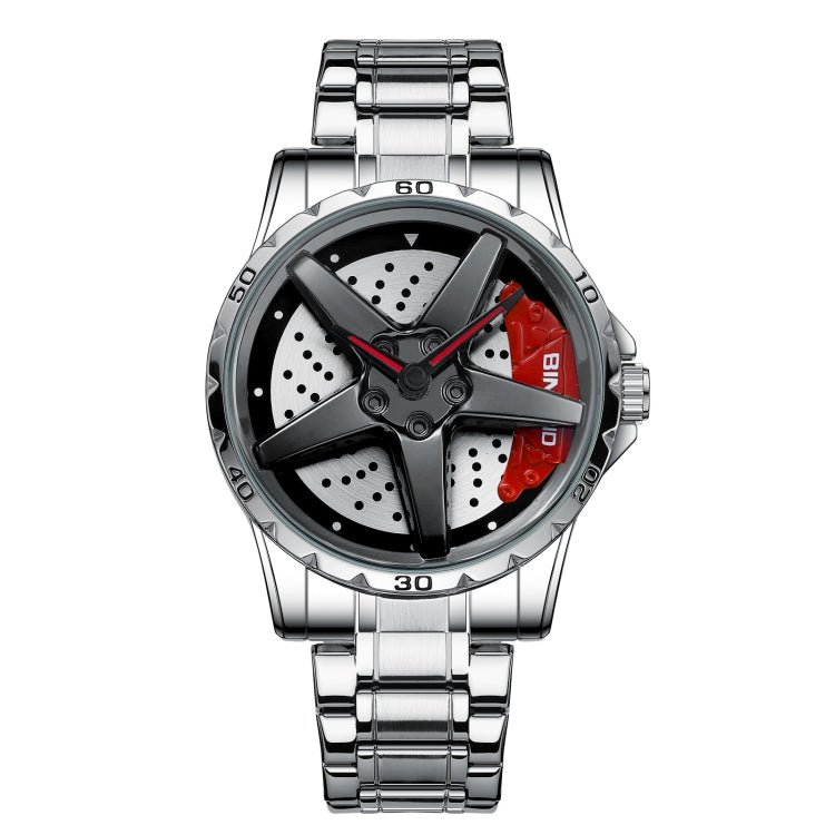 BINBOND D002 Car Hub Dial Multifunctional Waterproof and Wear-resistant Men's Watch(White Steel-Red) - Metal Strap Watches by BINBOND | Online Shopping South Africa | PMC Jewellery | Buy Now Pay Later Mobicred