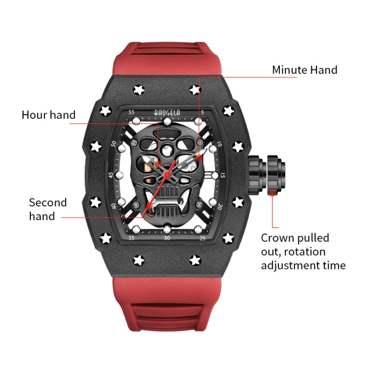 BAOGELA 224141 Hollow Skull Luminous Sports 304 Stainless Steel Silicone Men Watch(Black Shell Rose Face Black Belt) - Silicone Strap Watches by BAOGELA | Online Shopping South Africa | PMC Jewellery | Buy Now Pay Later Mobicred